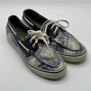 Sperry Plaid Sequin Boat Shoes 2 Eyelet Loaf Blue White Loafers Women's Size 8